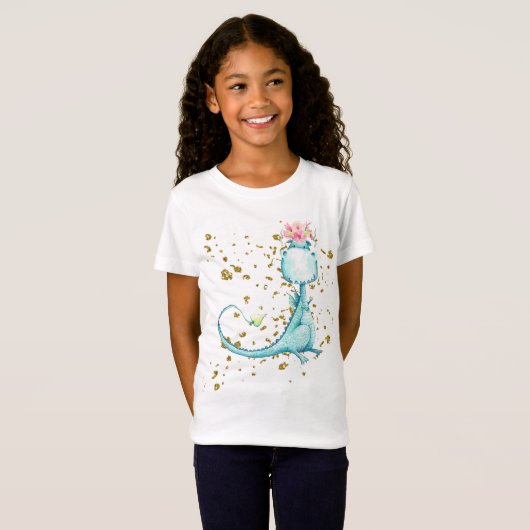 T-Shirt *~* Fleurs Parties scintillant Bleu Girly Dragon D (Devant entier)
