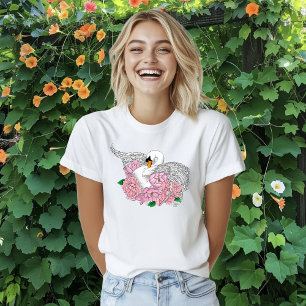 T-shirt Fleurs roses cygnes blanches