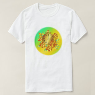T-shirt Fleurs rouges et or et horloge antique