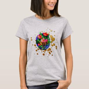 T-shirt Fleurs rouges, feuilles vertes et fond doré