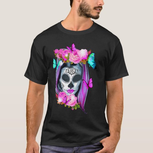 T-shirt Fleurs Sugar Skull Day of the Dead Dia De Muertos (Devant)