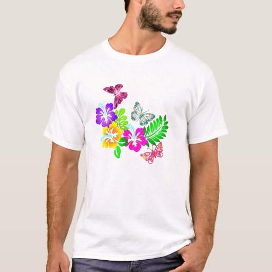T-shirt Fleurs tropicales et papillons du ciel (Devant)