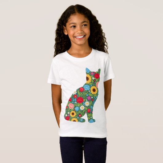 T-Shirt Floral Cat Silhouette Bloom Pattern (Devant entier)