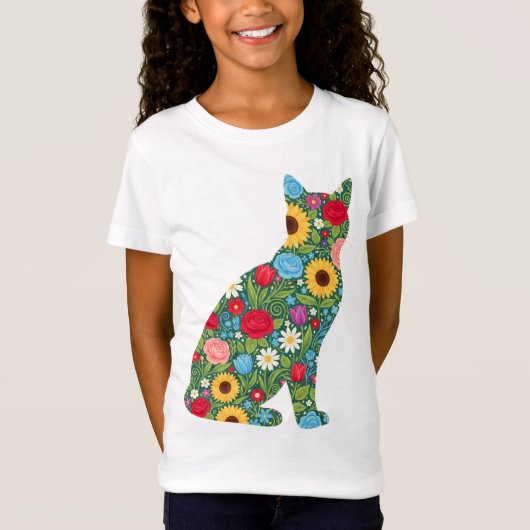 T-Shirt Floral Cat Silhouette Bloom Pattern (Devant)