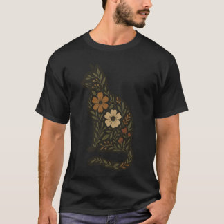 T-shirt Floral Cat Silhouette — Folk Botanical in Earth To