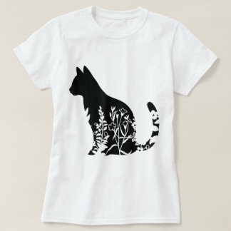T-shirt Floral Cat Silhouette Minimalist Design