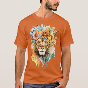 T-shirt Floral Lion Head Design Animal Chemise Lion Cat Fa