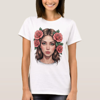 T-shirt Floral Muse - Rose artistique Portrait Tee