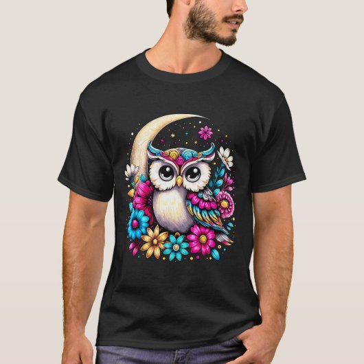 T-shirt Floral Owl And Moon  (Devant)