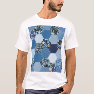 T-shirt Floral, patchwork de denim : motif bleu.