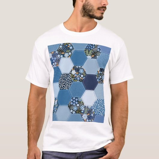 T-shirt Floral, patchwork de denim : motif bleu. (Devant)