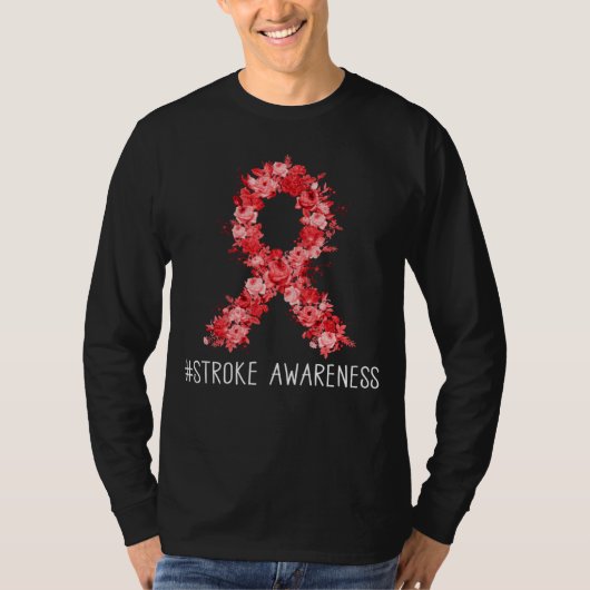 T-shirt Floral Red Ribbon Stroke Awareness (Devant)