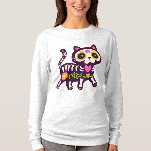 T-shirt Floral Skeleton Cat Delight (Devant)
