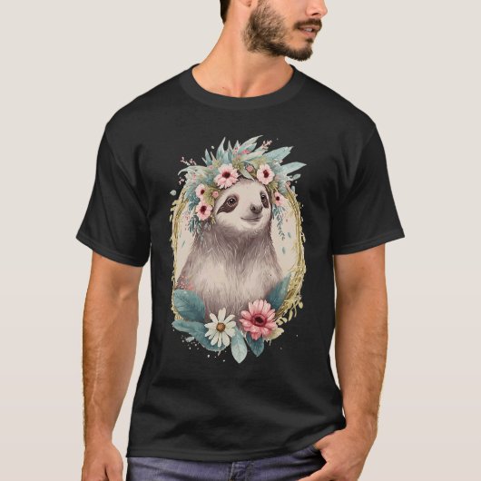 T-shirt Floral Sloth Flower Crown Cute Watercolor (Devant)