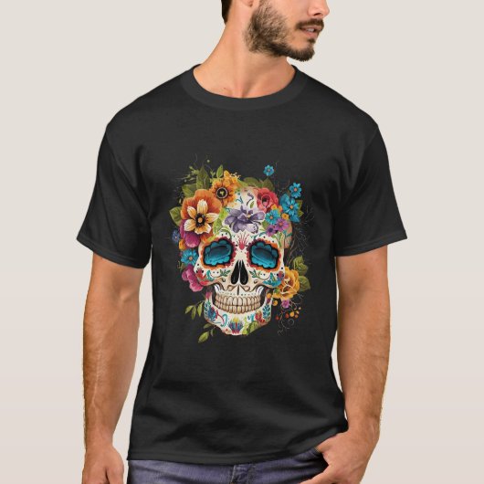 T-shirt Floral Sugar Skull Dia De Los Muertos Gothic Day O (Devant)