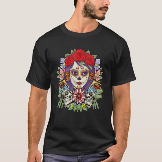 T-shirt Floral Sugar Skull Dia De Muertos Women (Devant)