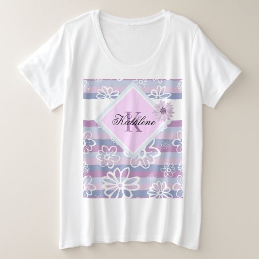 T-shirt floral violet monogrammé de plus de taille (Design devant)