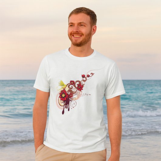 T-shirt Flore avec fleurs rouges et colibri