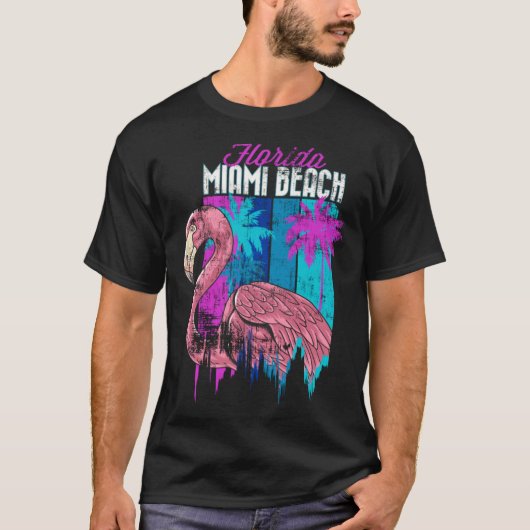T-shirt Florida Miami Beach Retro Flamingo Palm Trees Vapo (Devant)