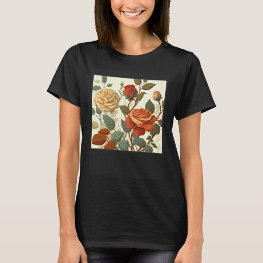 T-shirt Florist Roses Pattern Illustration Flowers Leaf Wo (Devant)