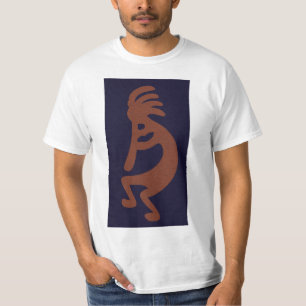 T-shirt Flûte Jouer Kokopelli Figure - Bleu sur rouille Ro