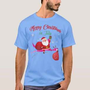 T-shirt Flying Santa with flamingo Merry Christmas in july