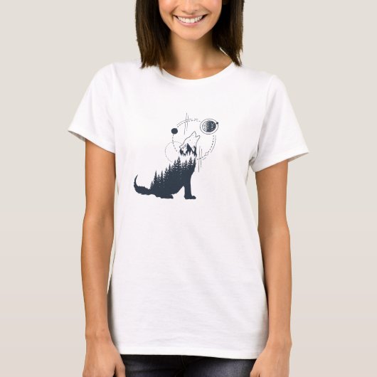 T-shirt Forêt géométrique moderne Wolf Double exposition (Devant)