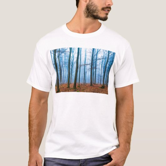 T-shirt Forêt magique dans le brouillard en bleu et orange (Devant)