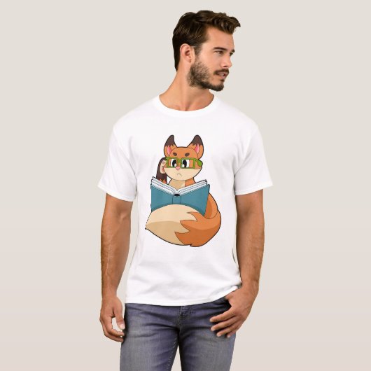 T-shirt Fox as nerd with Book & Glasses (Devant entier)