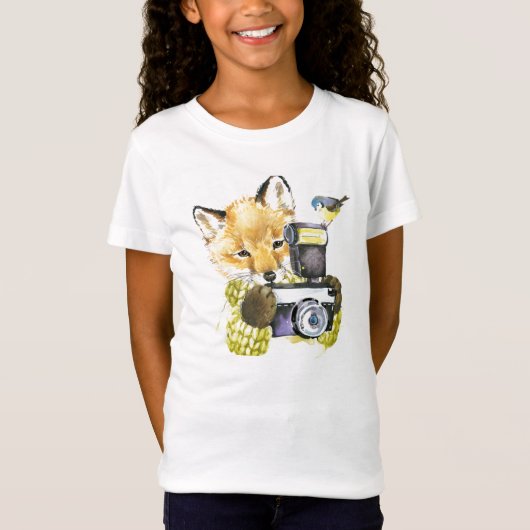 T-Shirt Fox mignon d'aquarelle prenant des photos (Devant)