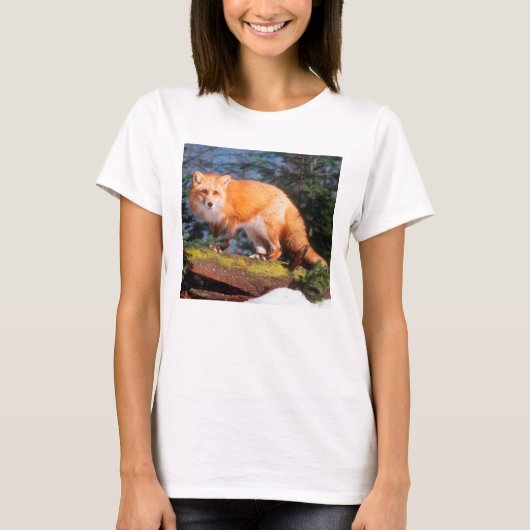 T-shirt Fox rouge sur un rondin (Devant)