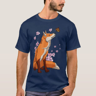 T-shirt Fox With Butterfly Japanese Sakura Cherry Blossom