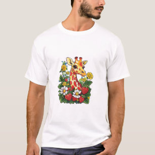 T-shirt Fraises et fleurs de girafe Gira mignonne graphiqu