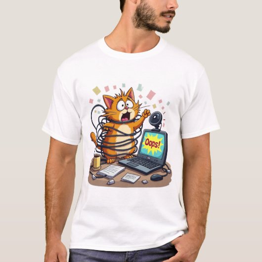 T-shirt Frantic Cat Cable Chaos Remote Work Oops (Devant)