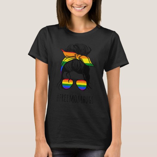 T-shirt Free Mom Hugs Messy Bun Pansexual Pride Rainbow Fl (Devant)