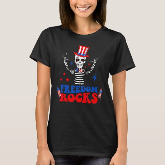T-shirt Freedom Rocks Skeleton American Flag Independence (Devant)