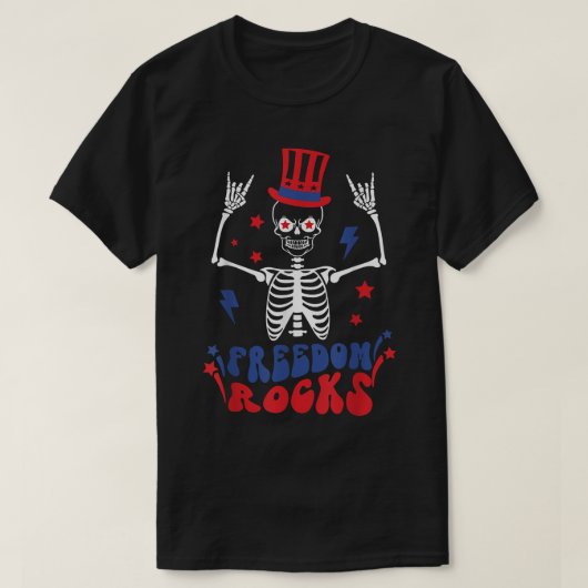 T-shirt Freedom Rocks Skeleton American Flag Joyeux 4e de (Design devant)