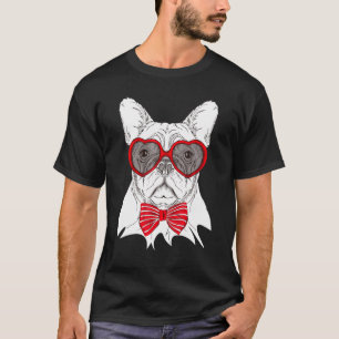 T-shirt French Bull Dog Red Heart Lunettes Bow Cravate Val