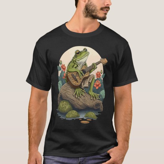 T-shirt Frog Playing Guitar Frog Banjo On Log Aesthetic F (Devant)