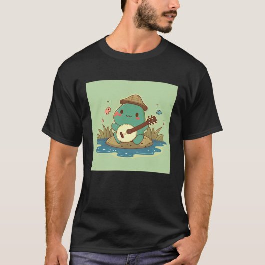 T-shirt Frog wearing cute hat playing banjo in pond with b (Devant)