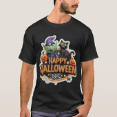 T-shirt Fun 3D Happy Halloween sign with goblin black cat (Devant)