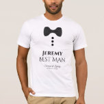 T-shirt Fun Best Man Black Cravate Faux Tuxedo Mariage<br><div class="desc">Ces t-shirts amusants sont conçus comme des faveurs ou des cadeaux pour votre meilleur homme. Le t-shirt est blanc et présente l'image d'une cravate d'arc noir et trois boutons. Le texte dit Best Man, et a un endroit pour entrer son nom ainsi que le nom du couple mariage et la...</div>