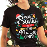 T-shirt Fun cher Père Noël ils sont les vilains Noël<br><div class="desc">Beau et drôle t-shirt de famille avec le libellé Cher Père Noël,  ce sont les coquins en lettres modernes blanches décorées avec des arbres de Noël,  des flocons de neige,  des petites cloches dorées,  un chapeau de Père Noël rouge et des feuilles saints.</div>