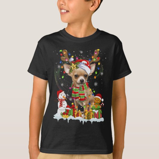 T-shirt Fun Chihuahua Noël Chien moche Santa Hat Lumières (Devant)