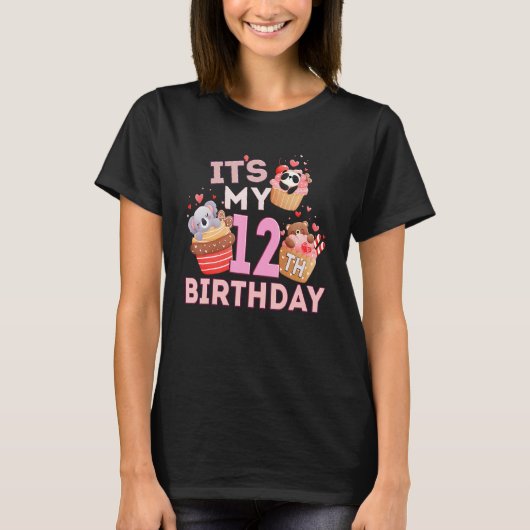 T-shirt Fun Cute Animal Cupcake C'Est Mon 12e Anniversaire (Devant)