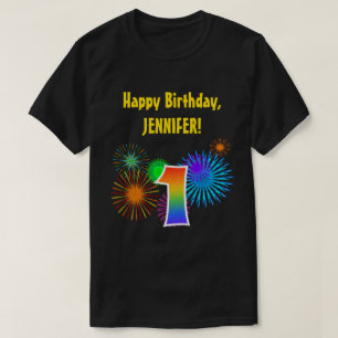 T-shirt Fun Fireworks + Rainbow Motif "1" Anniversaire #