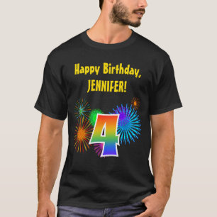 T-shirt Fun Fireworks + Rainbow Motif "4" Anniversaire #