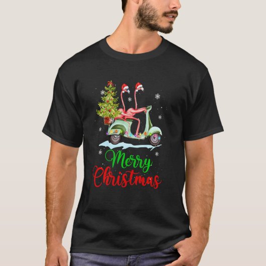 T-shirt Fun Flamant rose Santa Hat Xmas Light Motobike Noë (Devant)