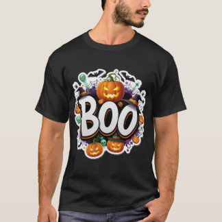 T-shirt Fun Halloween Boo graphic with glowing pumpkins wi