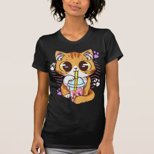T-shirt Fun Kawaii Cute Cat Boba Buble Lait Thé Anime Nek